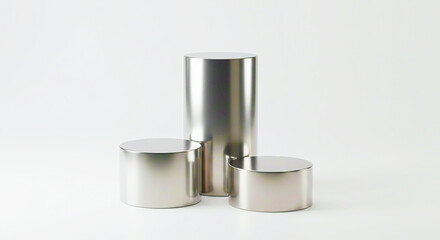 Three silver cylinders of varying heights arranged on a white surface in a minimalist style scene