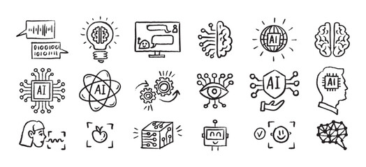 Fototapeta na wymiar Artificial Intelligence Icons grunge chalk hand drawn doodle Brush set. Outline AI drawing crayon 