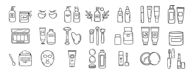 make up beauty doodle hand drawn icon set. Outline drawing cosmetics line clipart symbol