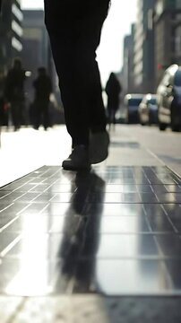 City sidewalk with sleek embedded solar panel tiles generating power under pedestrian feet