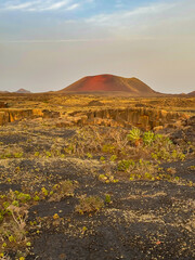 Wide volcanic plain with scattered desert plants stretches toward a bold red crater under early morning light. Stunning scene captures the harsh yet captivating arid environment of Lanzarote island.