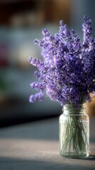 Fresh Lavender Bouquet in a Glass Jar on a Wooden Table Indoors During Daylight