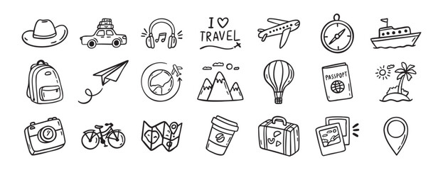 travel doodle hand drawn icon set. Outline drawing travel tourism line clipart symbols