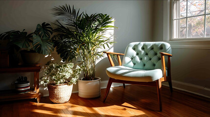 midcentury style chair placed beside potted plant bright room