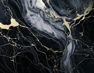 Elegant black marble texture with fluid gray veins and striking gold accents. This luxurious abstract background blends modern design with natural beauty, perfect for stylish digital or print projects