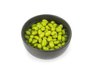 Edamame beans isolated. Green soy bean pile, cooked young soybean, boiled Japanese pea