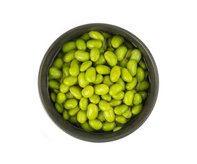 Edamame beans isolated. Green soy bean pile, cooked young soybean, boiled Japanese pea