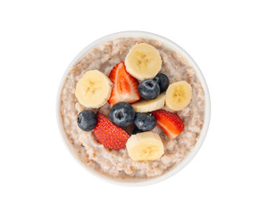 Cooked spelt in bowl isolated. Oatmeal milk porridge with fruits and berries