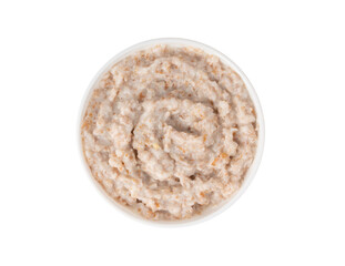 Cooked spelt in bowl. Oatmeal milk porridge, boiled emmer or spelt, healthy cereal food