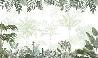 Botanical Paradise Wall Mural: Verdant Foliage & Palm Trees Horizontal Border © csinie1