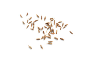 Cumin seed isolated. Caraway or fennel dry seeds close up, zeera macro, Indian cumin or zira grains