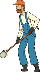 A bearded gardener in overalls and a cap, holding a shovel, depicting outdoor work, landscaping, or agricultural tasks. Ideal for designs related to gardening, farming, and home improvement.