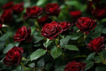 Fototapeta premium Vibrant Red Roses Blooming in a Lush Garden During Bright Daylight