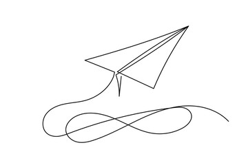 Line Art Paper Plane. Abstract Minimalist One Continuous Editable Stroke. Mail, News and Action Concept. Sketch Outline Modern Curve Contour Drawn Symbol Silhouette.