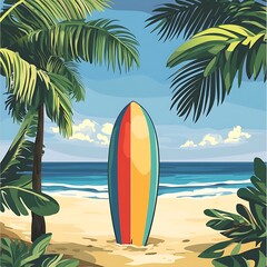 Colorful surfboard on a tropical beach scene.