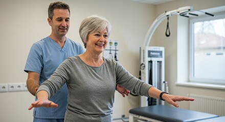 Senior woman doing physiotherapy exercises with physical therapist for rehabilitation at clinic