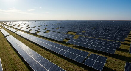 Aerial view of solar panel farm for renewable energy generation and sustainable power production project site