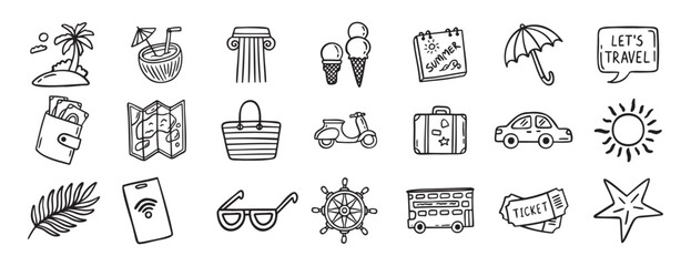 travel doodle hand drawn icon set. Outline drawing travel tourism line clipart symbols