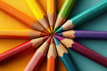 Naklejka premium Colorful Pencils Arranged in a Circular Pattern on a Yellow Background