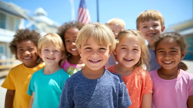 Children delight in a sunny day of tetherball beneath the waving American flag.