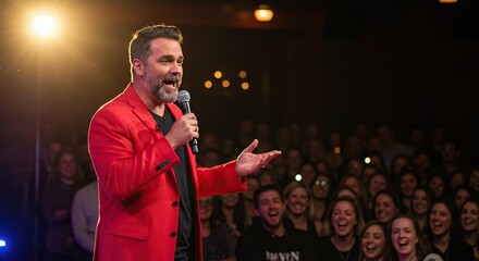 Stand up comedy show live performance comedian on stage with microphone and audience laughing event