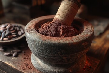 Grinding Cacao with Stone Mortar and Pestle for Making Chocolate Paste