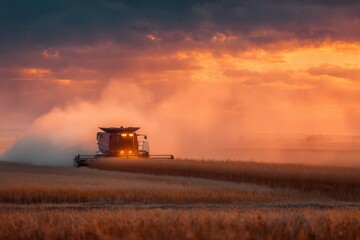 Fototapeta premium Combine Harvester Working in Grain Field at Dusk During Harvest