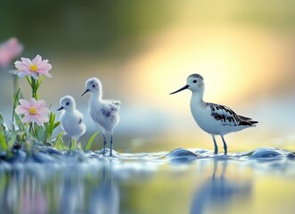 Serene Shorebirds: A Family of Three in Pastel Sunrise