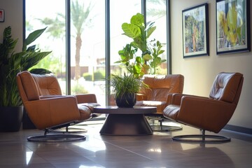 Fototapeta premium Modern lounge with leather chairs and indoor plants in sunlit room