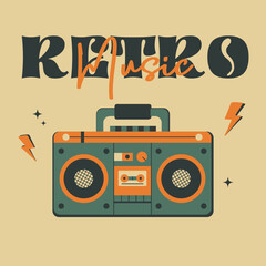 Retro boombox with cassette tape, bold lightning bolts, and “retro music” text. Vintage music-themed flat design in playful style with nostalgic vibes and cool colors.