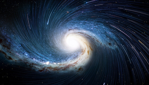 a distant spiral galaxy with a black hole in the center spraying elements outward