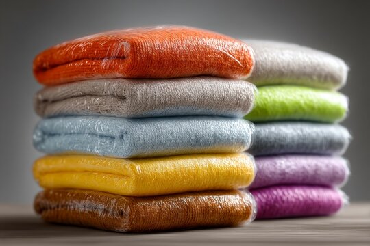 Stacked colorful knitted garments wrapped in transparent plastic packing on wooden surface