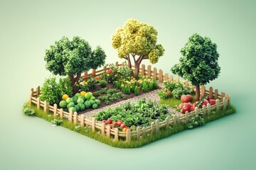 Miniature garden with various fruits and vegetables.