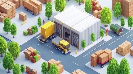 An isometric view of a busy warehouse district with various delivery trucks.