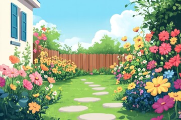 Colorful garden path lined with vibrant flowers and a wooden fence.
