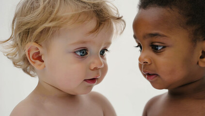 Two infants, one with curly blonde hair and blue eyes, the other with dark curly hair and brown eyes, are gazing at each other with expressions of curiosity and wonder in a soft-lit environment