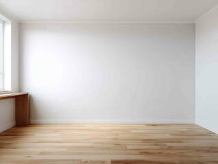 a frontal view of a plain white wall inside a bed room the floor is natural oak