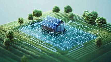 A sustainable farm model with solar panels and an interconnected irrigation system.