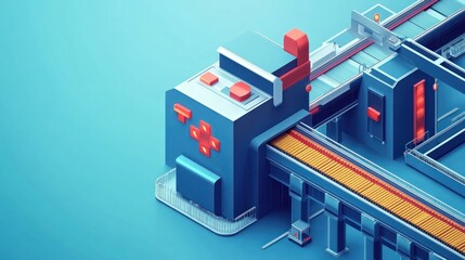 A stylized, low-poly factory building with a conveyor belt.