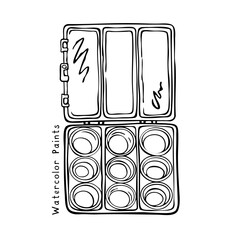 Watercolor Paint Palette. Hand drawn black and white vector illustration in ink sketch style. For worksheets, art lessons, printables, branding, planners, and digital design. Scalable and editable.