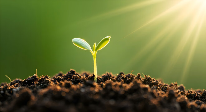New Life Begins: Green Sprout Seedling Growing in Rich Soil with Golden Sunlight. Hope, Growth, and Future Concept