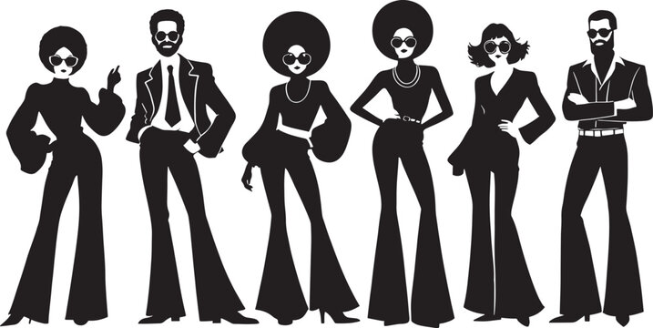 Silhouette Style Group of People in 1970s Attire on Black Backdrop for Design Projects and Creative Compositions
