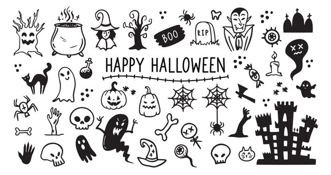 Halloween doodles black and white drawing set. Happy halloween doodle elements Design for prints, decoration of postcards and posters, stickers, sublimation