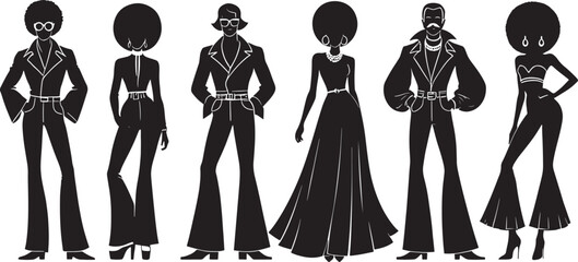 Silhouettes of People in 1970s Outfits on a Black Backdrop Depicting Disco Era Style and Groovy Attire for Design Projects