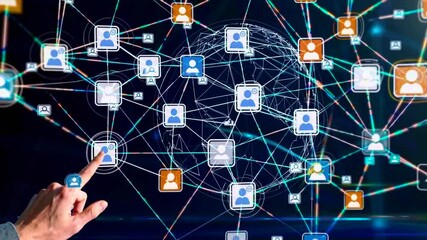 Hand touching interconnected user profile icons representing global communication network. Wireframe globe with digital connections and user avatars - Powered by Adobe