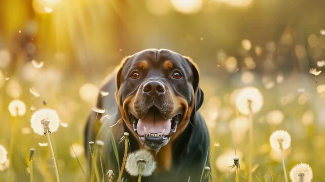 Cheerful rottweiler sitting among white dandelion seeds, golden sunlight creating soft bokeh effect. Dog looks happy with open mouth. Outdoor summer scene with flying seeds.