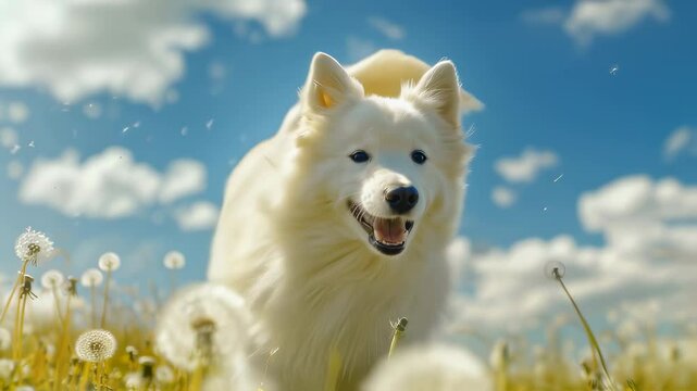 White fluffy Samoyed dog sitting among dandelion seeds with open mouth, surrounded by white seed heads and yellow flowers under blue sky with clouds. Shallow depth of field, selective focus on dog.