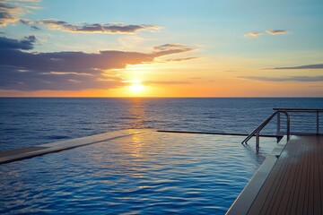 Tranquil sunset at infinity pool overlooking calm ocean horizon