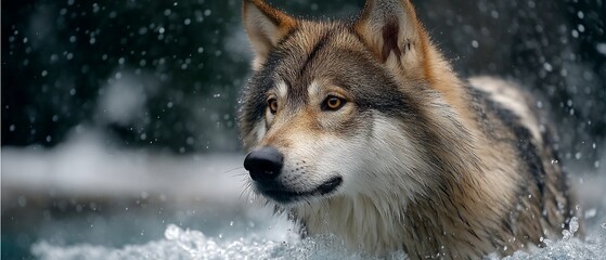 Fototapeta premium Focused wolf wading through frigid waters