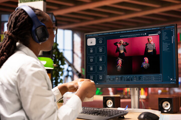Graphic designer holding coffee mug designing UX for AI software turning text prompt into photos. IT specialist using machine learning tech to build text to image AI generative models